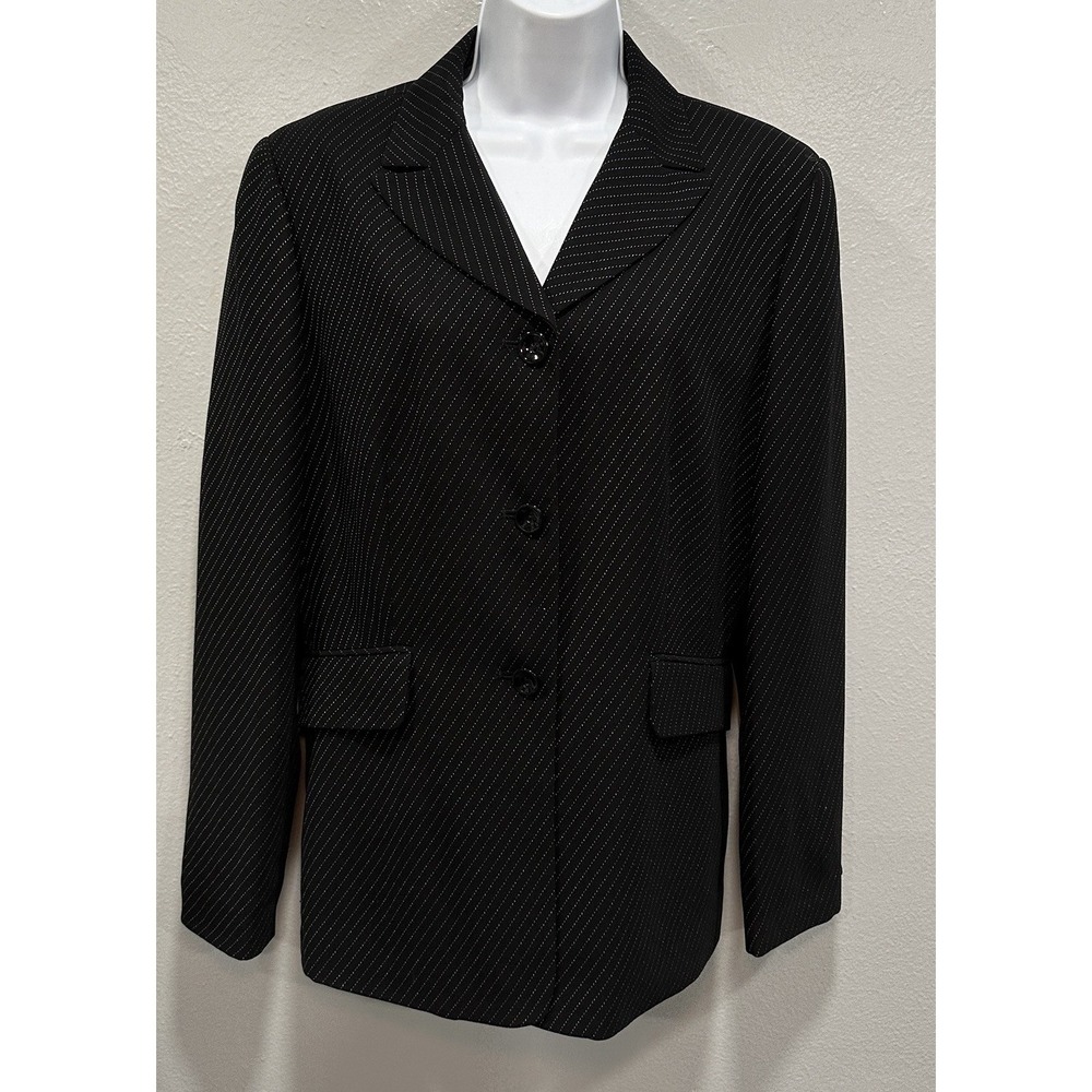 Focus 2000 Blazer Women's Sz 12 Black Pinstripe Lined 3 Buttons Vintage Business